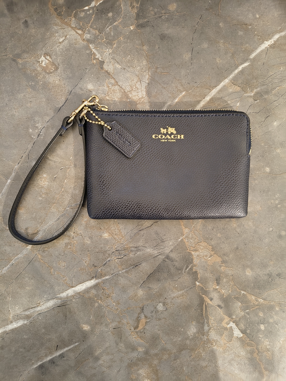 COACH Navy Leather Corner Zip Wristlet with Gold Logo